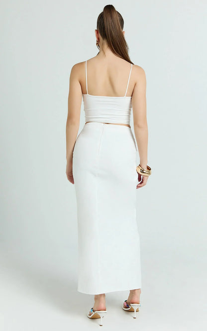 Dylan Midi Skirt - Mid Waist Twist Front Midi Skirt in White