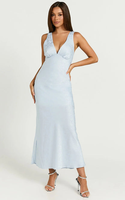 Cohen Midi Dress - Jacquard Satin Midi Dress in Pale Blue