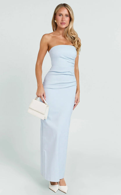Jamie Midi Dress - Strapless Ruched Fitted Column Dress in Blue