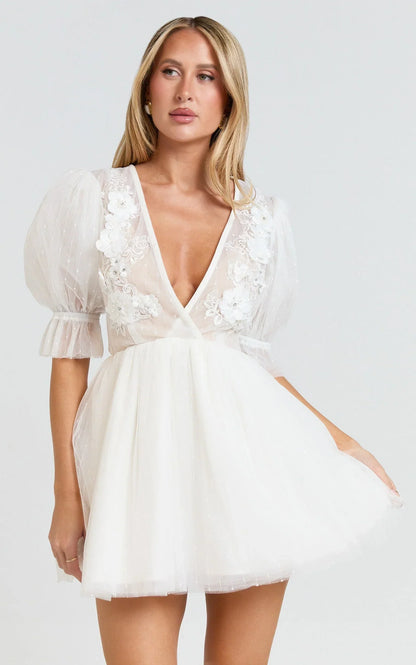 Akshia Mini Dress - Puff Sleeve Floral Detail Plunge Neck Dress in White