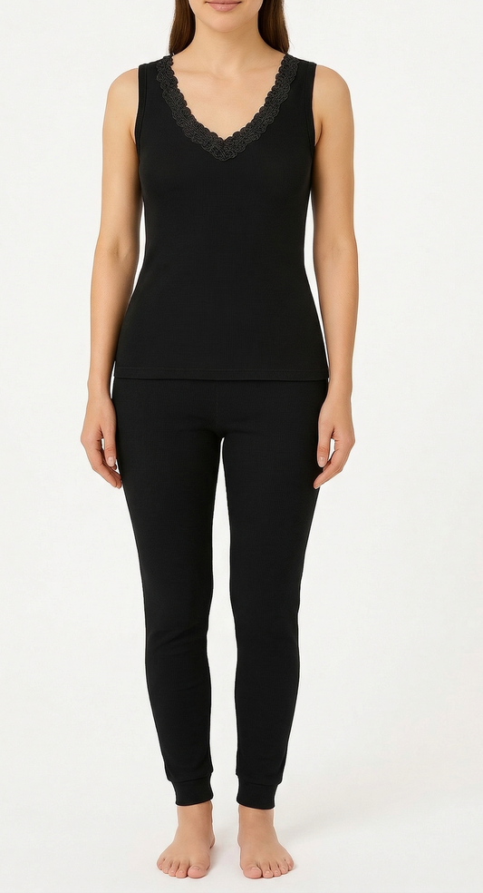 2pcs Set Womens Black Cotton Thermal Singlet Top & Long Jane Pants Underwear