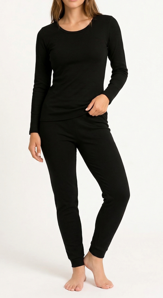 2Pcs Set Womens Cotton Crew Neck Thermal Long Sleeve Top Pants Underwear Thermals In Black