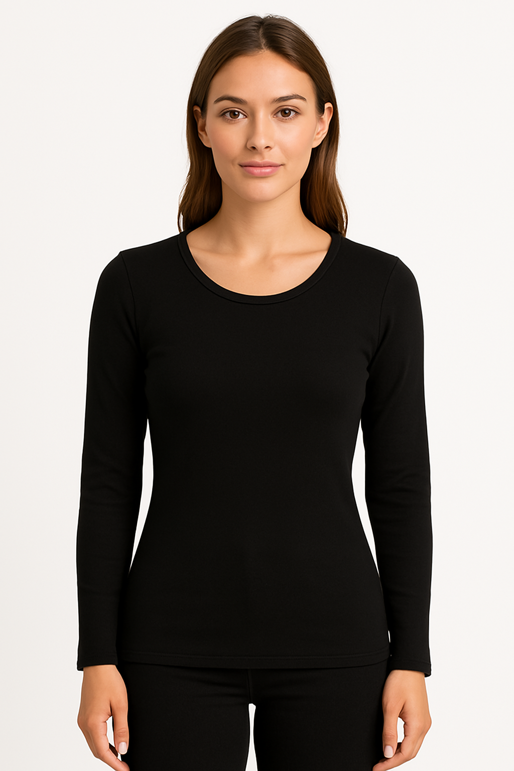 2Pcs Set Womens Cotton Crew Neck Thermal Long Sleeve Top Pants Underwear Thermals In Black