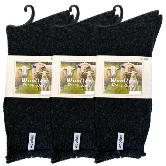 3 Pairs Premium Mens Wool Heavy Duty Thick Work Socks Cushion Woolen Black