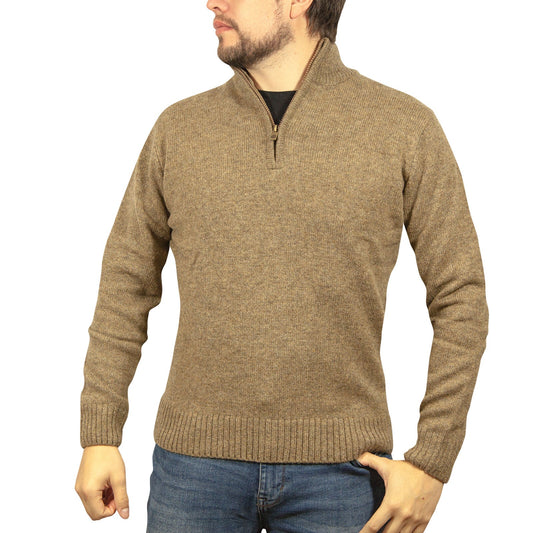 100 Shetland Ragg Wool Half Zip Up Knit Jumper Pullover Mens Sweater Knitted Nutmeg