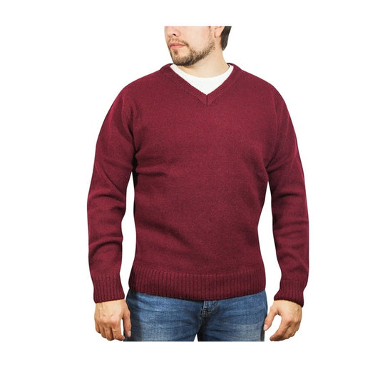 100 Shetland Ragg Wool V Neck Knit Jumper Pullover Mens Sweater Knitted Burgundy
