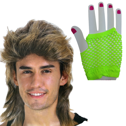 2pcs Golden Blonde Bullet Wig + Fluro Yellow Fishnet Gloves Set - 70s/80s Womens (Costume Party)
