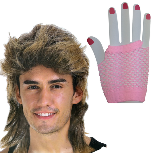 2pcs Golden Blonde Bullet Wig + Light Pink Fishnet Gloves Set - 70s/80s Womens (Costume Party)