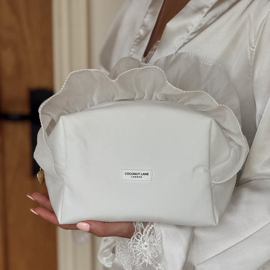White Ruffle Satin Makeup Bag