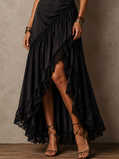 Elegant Black Satin Lace-trimmed Asymmetrical Maxi Dress