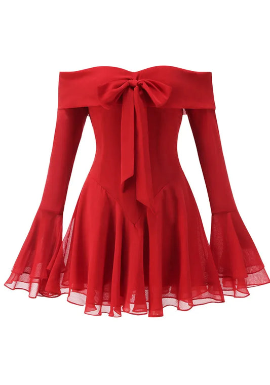 Long Sleeve Bardot A Line Dress Red