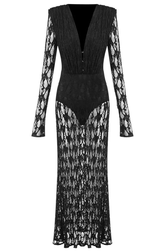 Long Sleeve Draped Detail Lace Maxi Dress Black