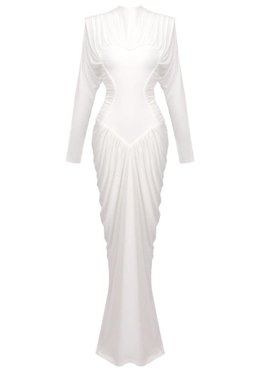 Long Sleeve Draped Structured Maxi Dress White