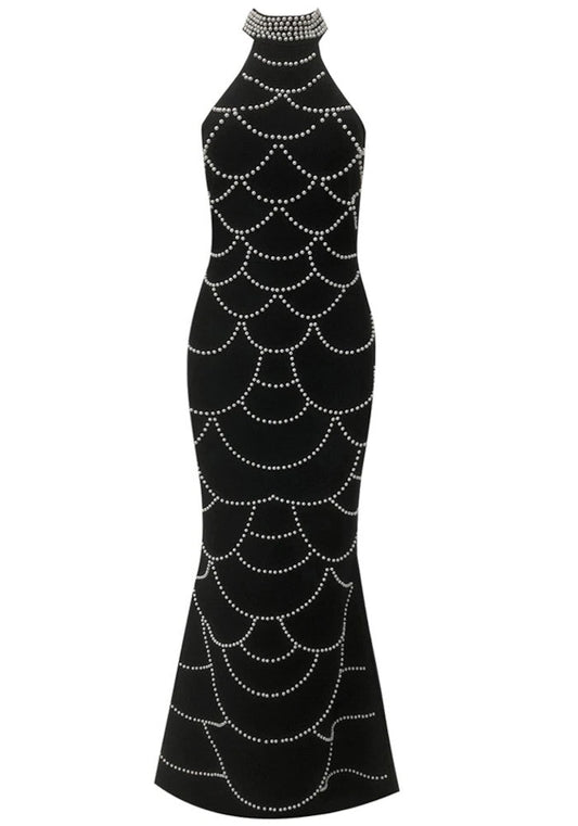 Halter Pearl Detail Maxi Dress Black