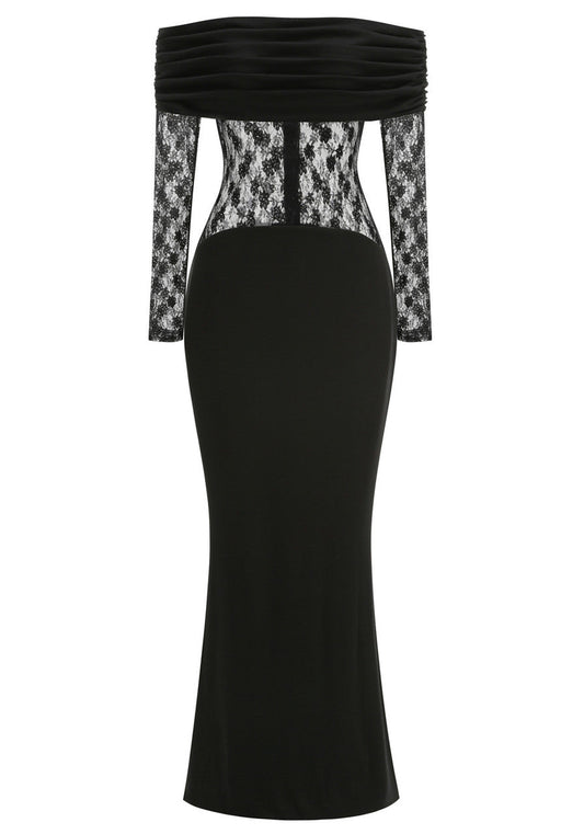 Lace Long Sleeve Draped Bardot Maxi Dress Black