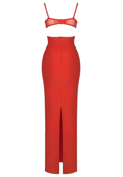 Bustier Draped Mesh Insert Maxi Dress Red