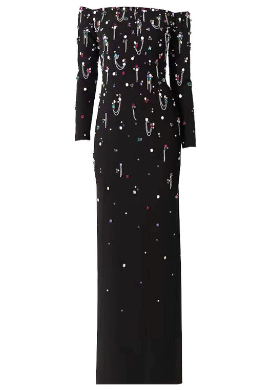 Long Sleeve Crystal Chain Maxi Dress Black