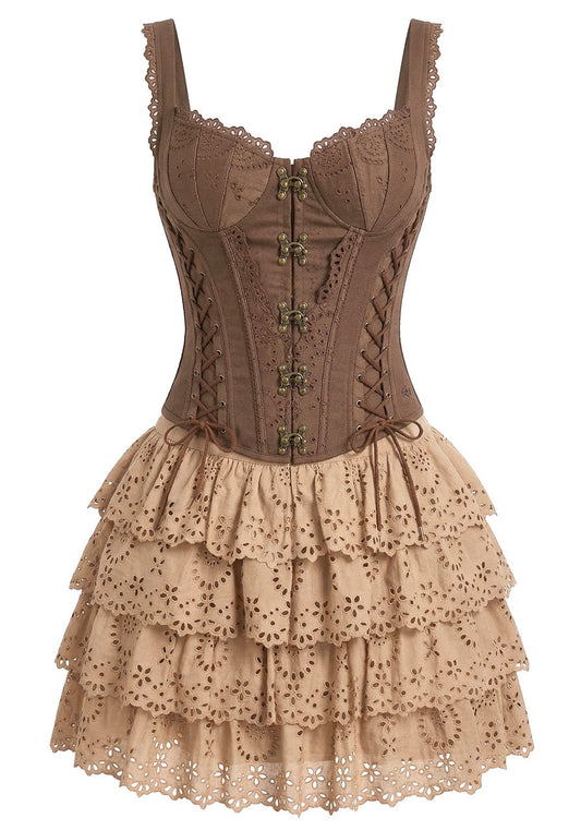 Corset Lace Rufle Dress Brown