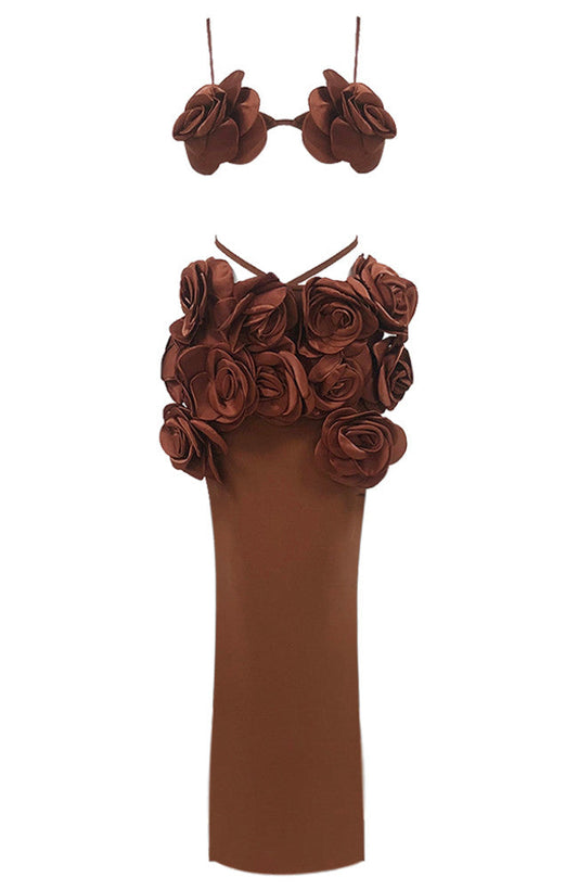 Floral Detail Two Piece Maxi Dress Brown