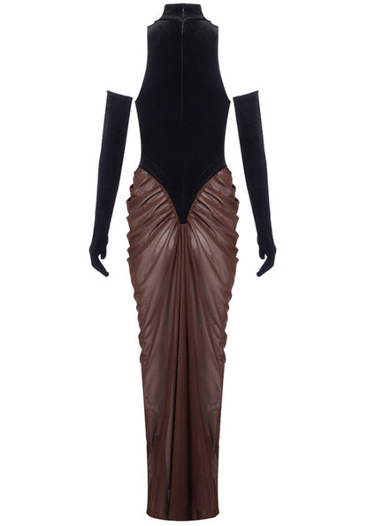 Halter Draped Maxi Velvet Dress Black Brown
