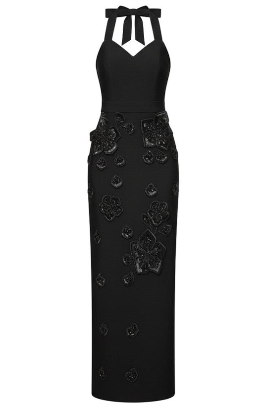 Halter Floral Gloves Maxi Dress Black