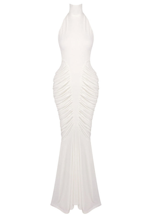 Halter Draped Backless Maxi Dress White