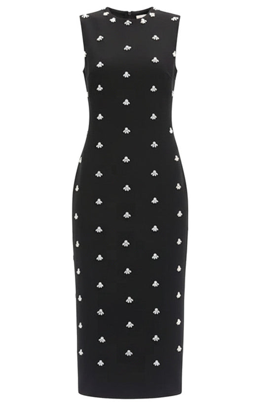 Crystal Pearl Embellished Midi Dress Black