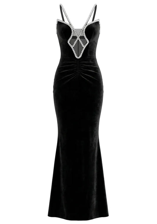 Crystal Straps Maxi Velvet Dress Black