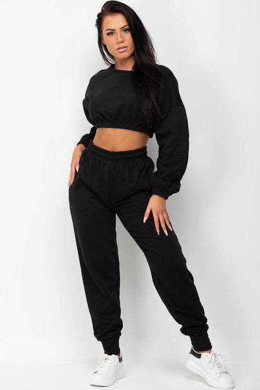Crop Sweatshirt And Joggers Two Piece Set Black