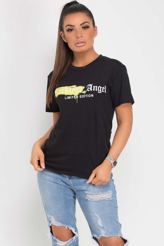 Black T Shirt With Reckless Angel Slogan