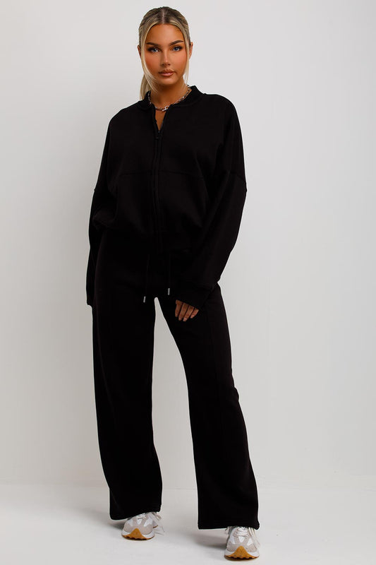 Bomber Sweatshirt With Zip And Joggers Loungewear Set Black