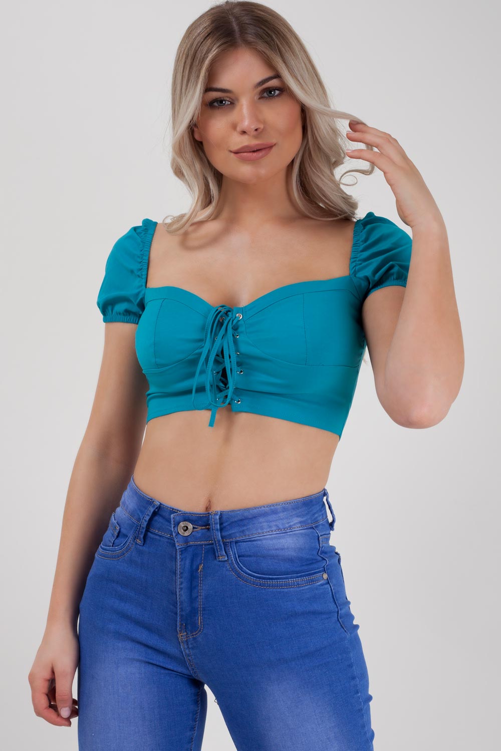 Blue Milkmaid Lace Up Crop Top