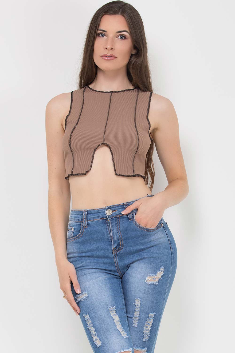 Contrast Overlock Stitch Ribbed Crop Top Brown