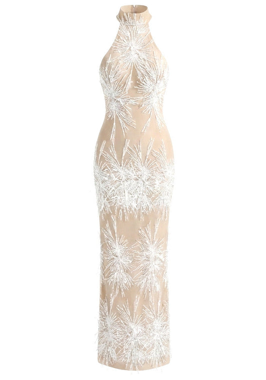 Halter Pearl Sequin Embellished Maxi Dress Nude