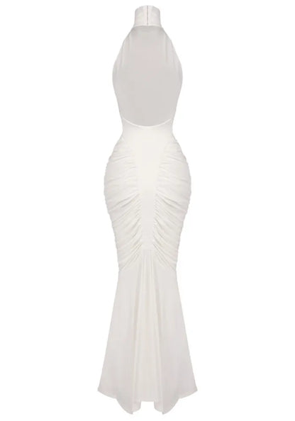 Halter Draped Backless Maxi Dress White