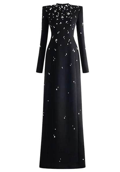 Long Sleeve Crystal A Line Maxi Dress Black