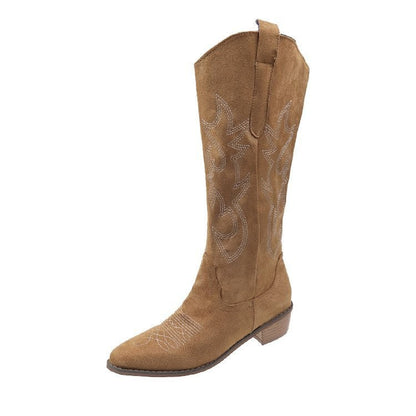 Embroidered Denim High-top Chunky-heeled Western Boots
