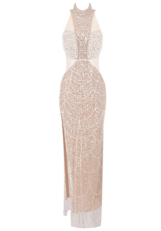 Halter Pearl Sequin Maxi Dress Nude