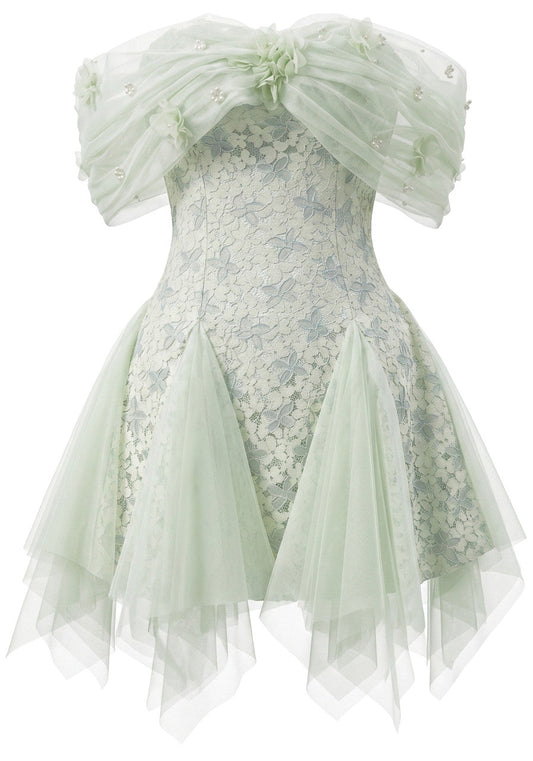 Floral Mesh Bardot Lace Dress Green
