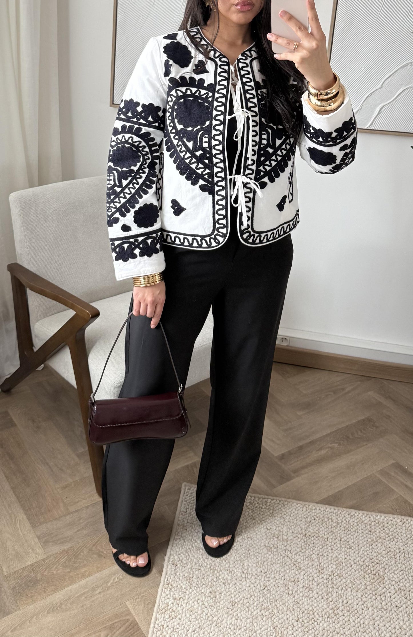 Veste Matelassee Brodee M2301 1 I Ecru Et Noir 1