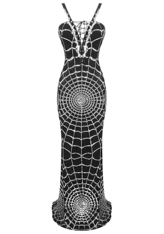 Lace Up Sequin Maxi Dress Black Silver