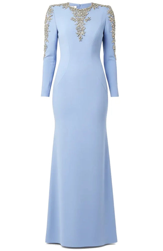 Long Sleeve Crystal Embellished Maxi Dress Blue