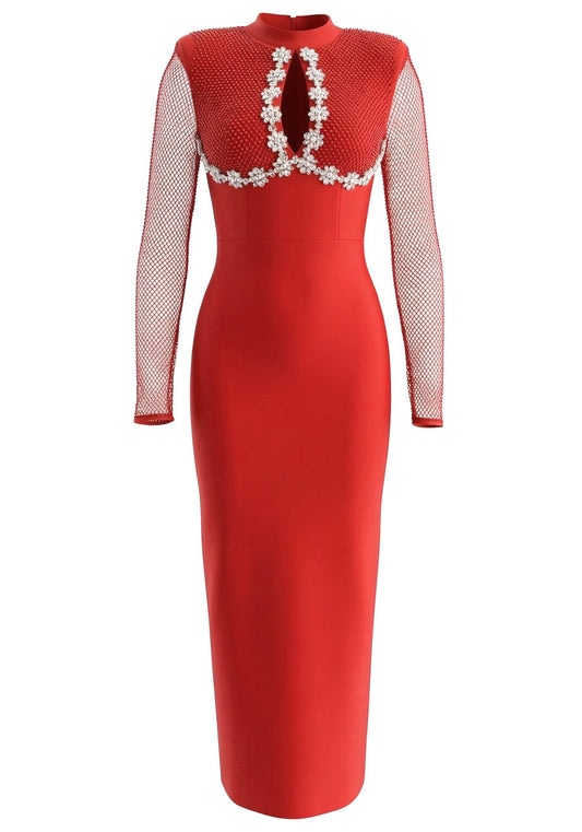 Long Sleeve Crystal Floral Detail Maxi Dress Red