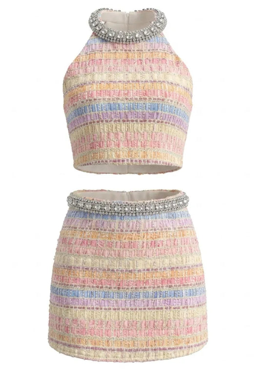 Crystal Neckline Two Piece Dress Rainbow