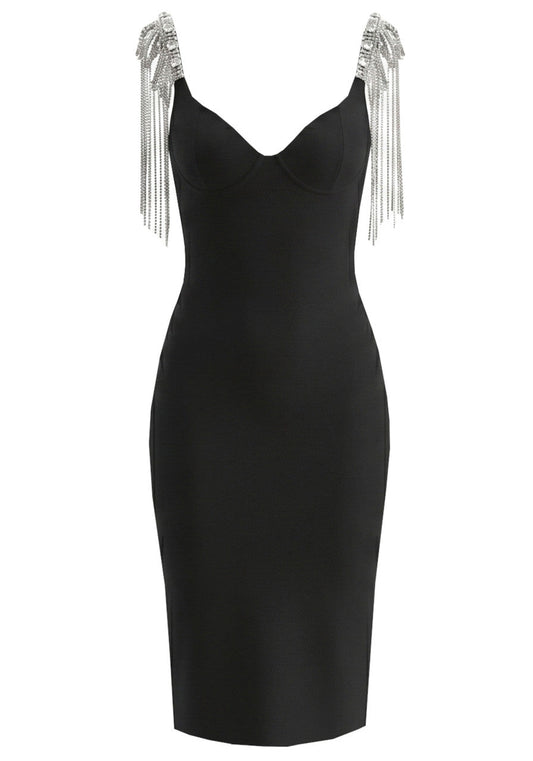 Crystal Shoulders Bustier Midi Dress Black