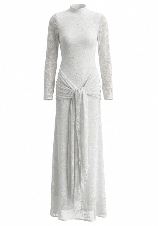 Long Sleeve Embellished Lace Maxi Dress White