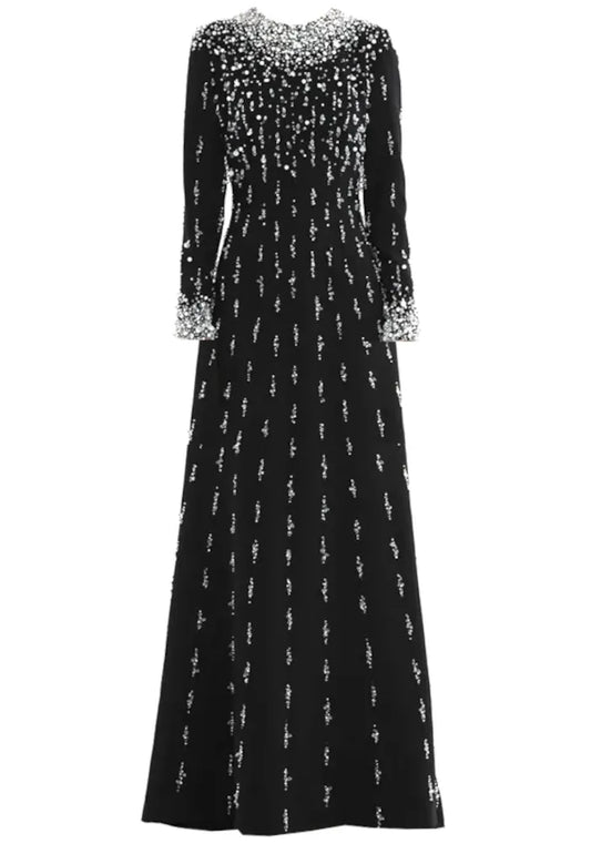 Long Sleeve Crystal Pearl Sequin Maxi Dress Black