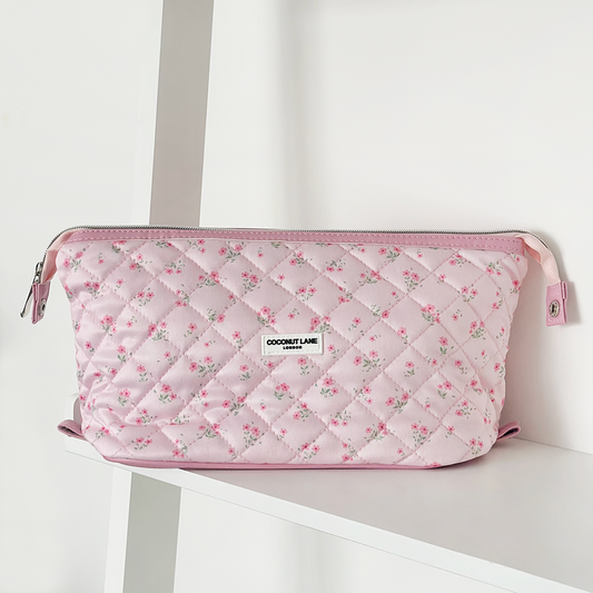 Expandable Makeup Bag - Quilted Ditsy Floral Pink