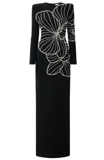 Long Sleeve Crystal Floral Embellished Maxi Dress Black