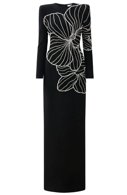 Long Sleeve Crystal Floral Embellished Maxi Dress Black